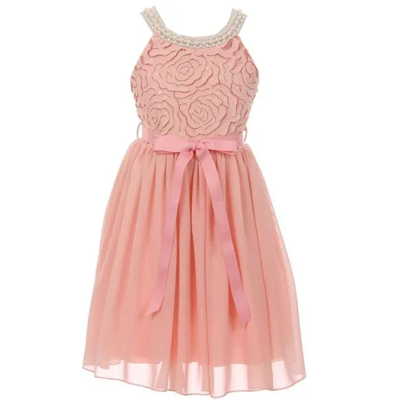 Big Girl Sleeveless Pearl Trim Chiffon Easter Party Holiday Flower Girl dress