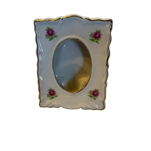 Rose Floral Picture‎ Frame Ceramic Gold Trim Oval Scalloped Porcelain Vintage