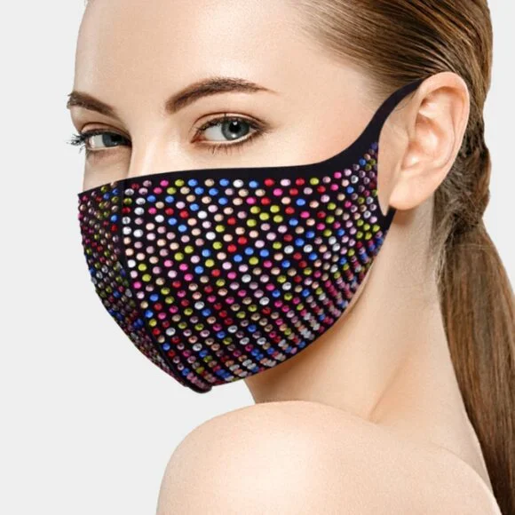 Rainbow Rhinestone Face Mask Crystal Festival Rave Pride Costume NWT