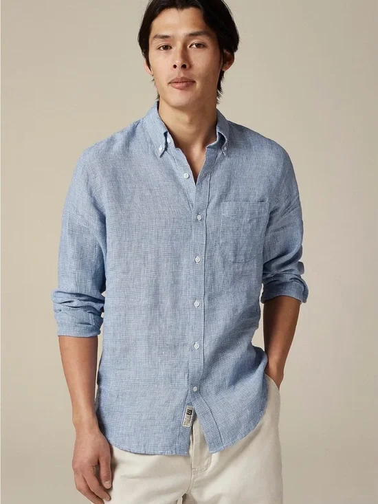 J. Crew Men Light Blue striped Linen-blend Button-Down Summer Shirt Size Small