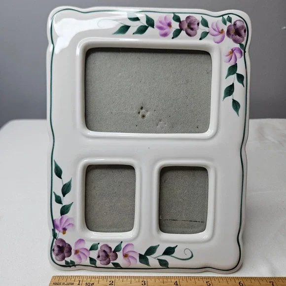Vtg Ceramic Floral 3 Opening Picture Frame Hand Painted Pansies White Purple