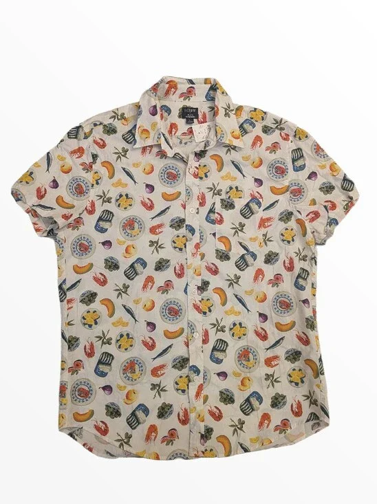 J. Crew White Short-Sleeve Button-Down with Multicolor