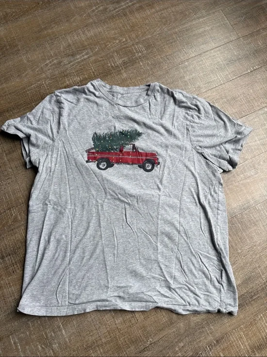 J. Crew Gray Tee with Red Truck and Green Tree Graphic
