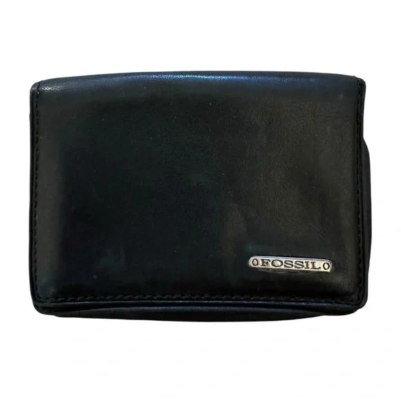 Fossil Black Leather Bifold ID Holder Card Wallet 3”x4” Unisex Travel Minimalist