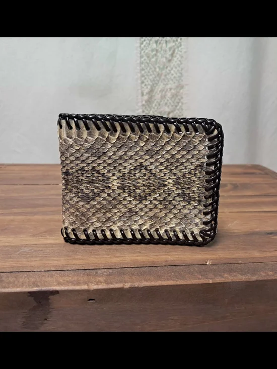 Western Rattlesnake Skin Leather Laced Money Clip Slim Front Pocket Wallet