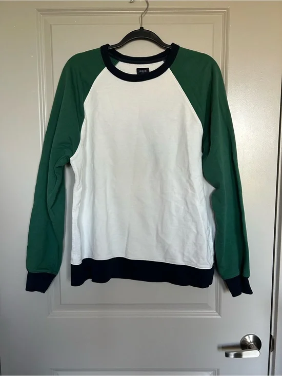 J. Crew White Pullover with Green Sleeves and Navy Trim