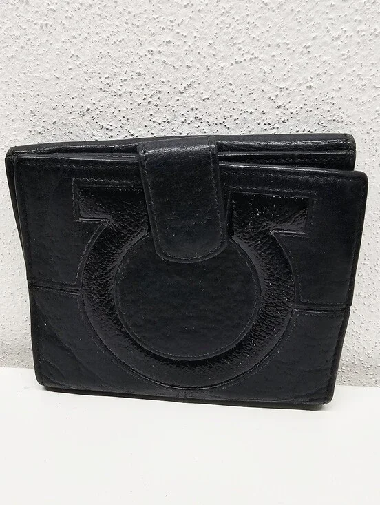 Salvatore Ferragamo Black Gancini Textured Leather Compact Wallet French Bifold