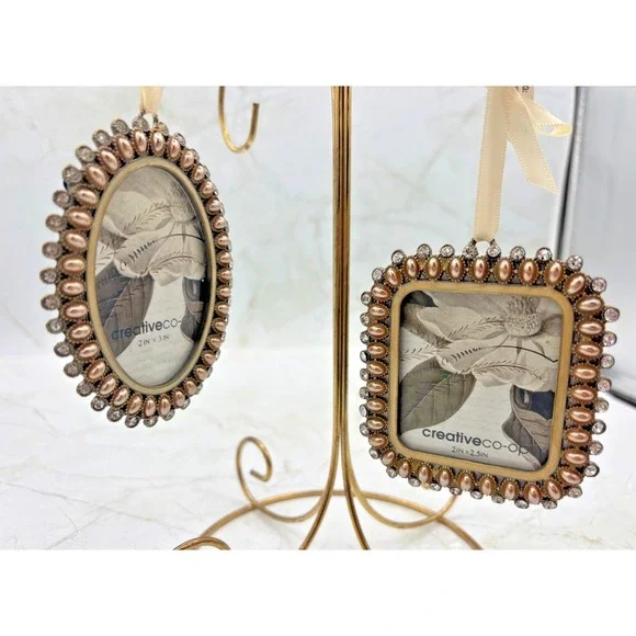 Creative Co-Op Set‎ of 2 Miniature Pewter Frames 2x2-2x3 Faux Beaded Crystal NWT