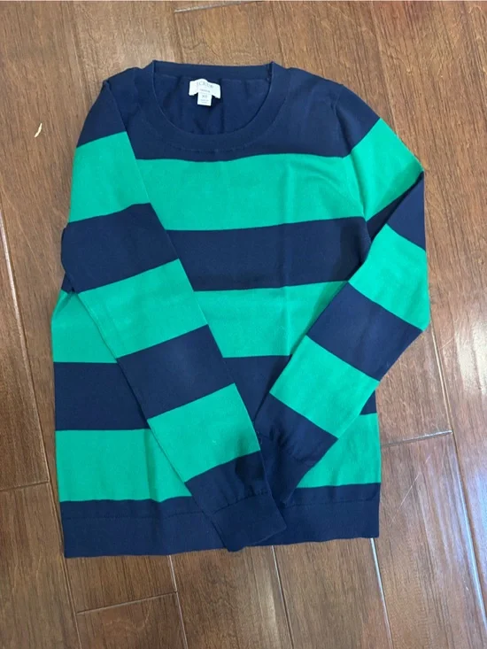 J. Crew Navy and Green Striped Cotton Sweater -never worn