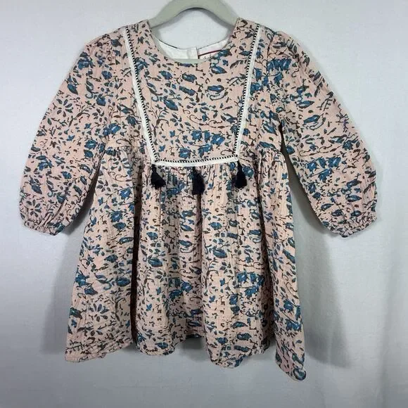 Cheeky Plum Pale Pink Blue Leaf Abstract Tassel Gauze Tunic Dress Girls 5T Lined