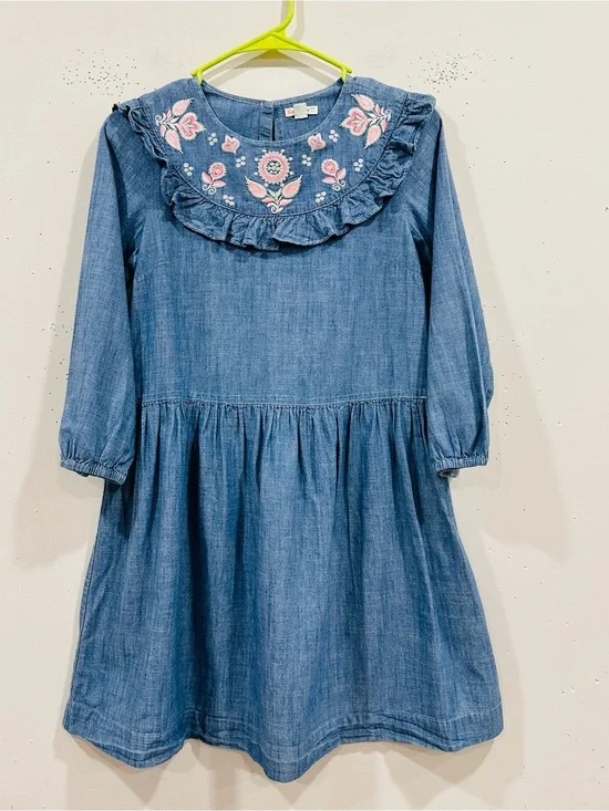 Crewcuts by J. Crew Girls Embroidered Chambray Denim Ruffle Dress Blue Size 14
