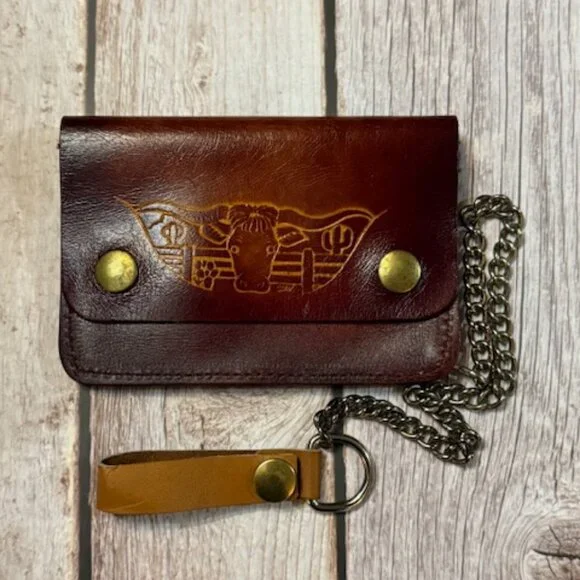 Vintage Tooled Leather Chain Wallet – Western Longhorn Steer Brown (BBL-07) NOS