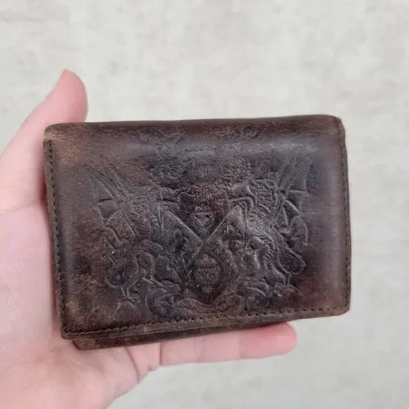 Faded Glory Vintage Brown Leather Wallet with Crest Dueling Dragons Embossed