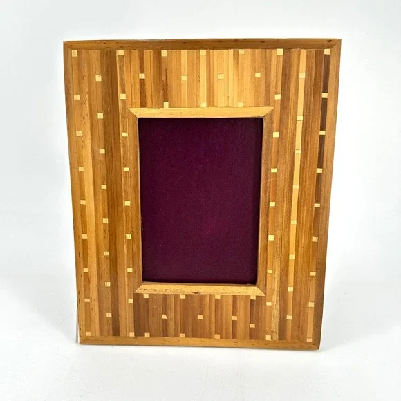 Vtg MCM Boho Inlaid‎ Wood Bamboo Picture Frame Bales International 3.5x5