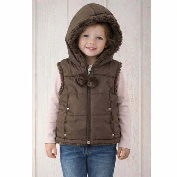 Y2K Faux Fur‎ Hooded Puffer Vest Girls Size 4/5 Brown Pom Pom Winter