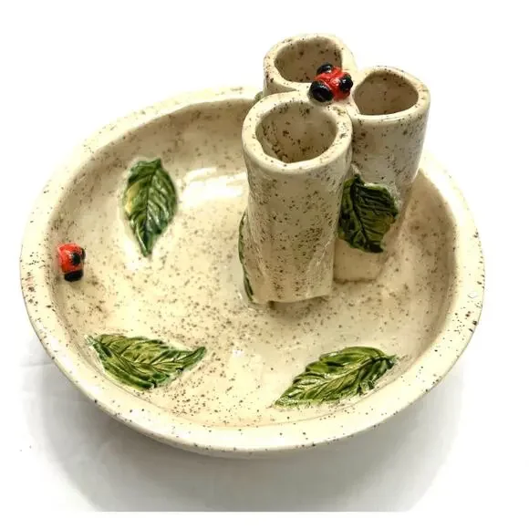 Handmade Ikebana Speckled Glaze Pottery Vase Lady Bugs‎ Leaves Unsigned