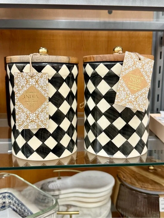 Handcrafted Black & Cream Check Ceramic Canister with Wooden Lid