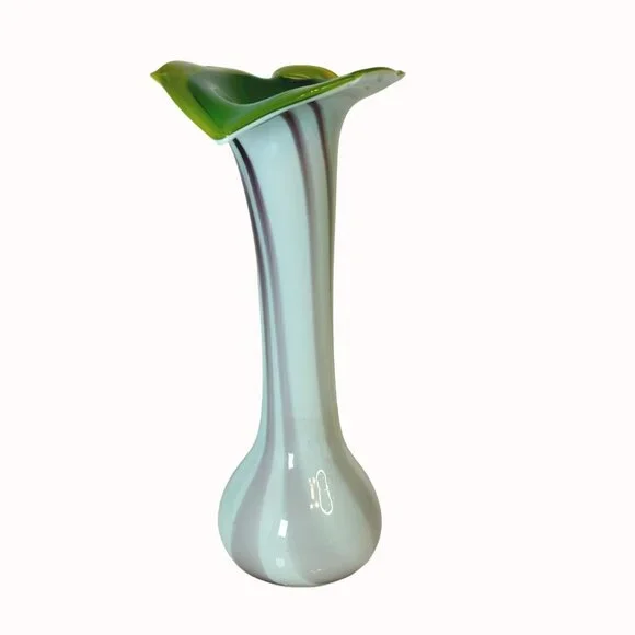 Vintage Jack-In-The-Pulpit Hand-Blown Art Glass Vase With Green Rim & Swirled De