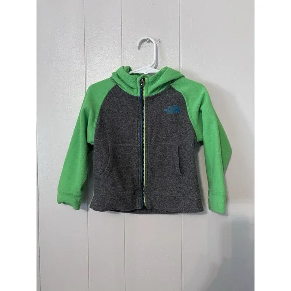 The North Face Toddlers Boy 2T Fleece Jacket Zip Green Gray Blue Pockets Hooded‎