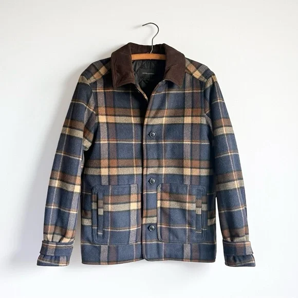Banana Republic Factory Corduroy Collar Plaid Jacket Mens S Navy Brown