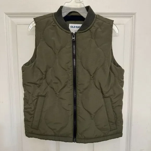 Old Navy Jacket Youth 6-7 Olive Green Vest Full Zip Mock Neck Pockets Quilted