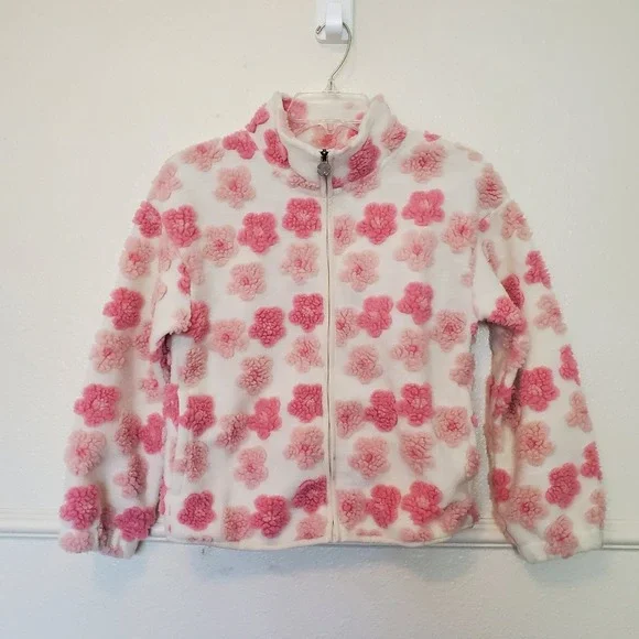Lucky Brand Girls Pink Floral Popcorn Fleece Zip Up Jacket White Size M 10/12