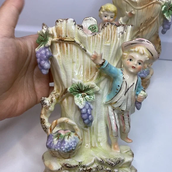 Antique Camille Naudot French Victorian Figurine Vase Boy, Girl Picking Grapes