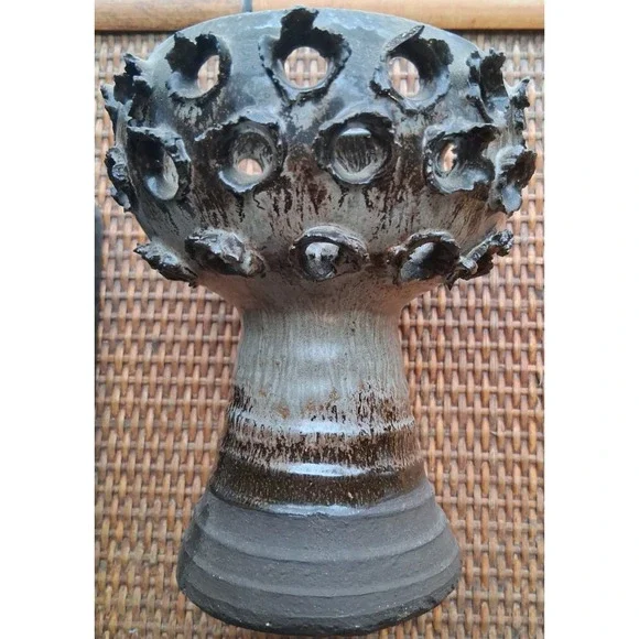 E. Glud Denmark studio pottery vase with textured, perforated rim/ ribbed base.