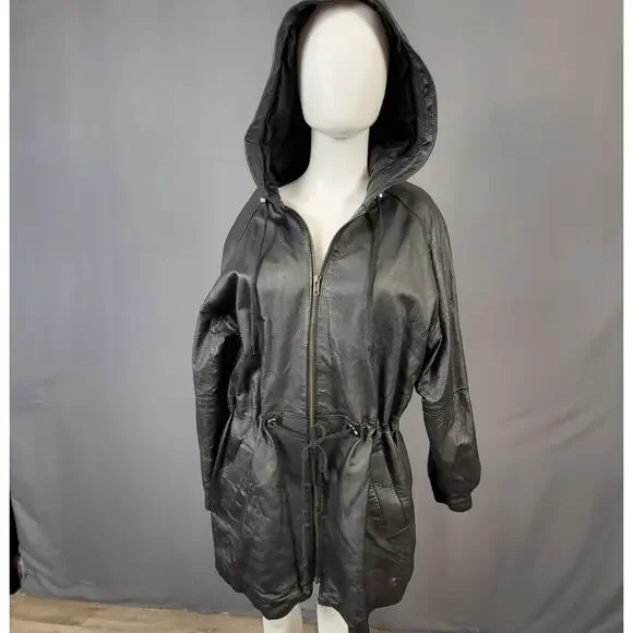 ADA Classics Vintage Brown Leather Hooded Coat with Drawstring Waist