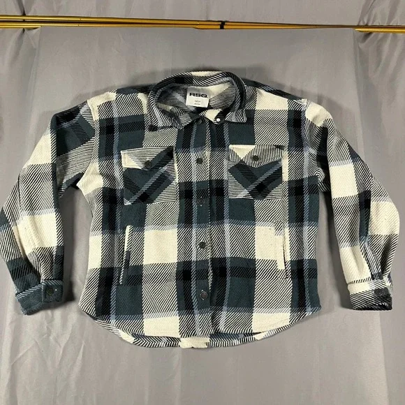 RSQ Mens Blue Black White Plaid Flannel Shirt Jacket Shacket Medium
