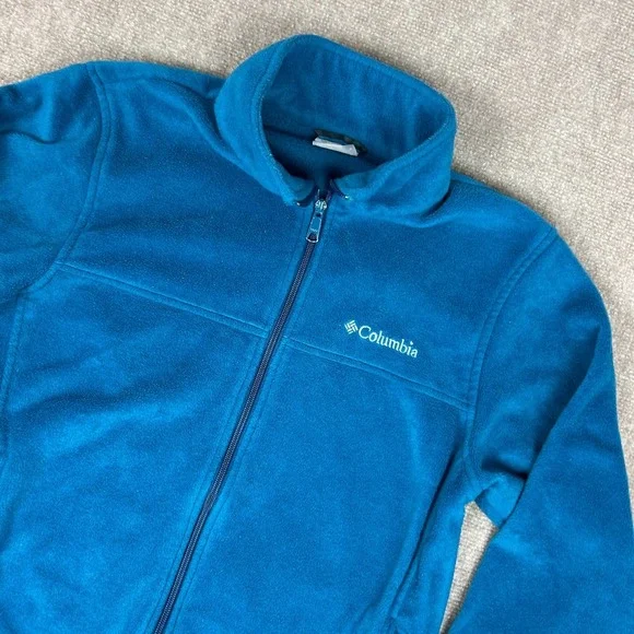 Columbia Mountain Fleece Jacket Mens Medium Blue Logo Mock Neck Full Zip Winter