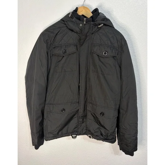 INC International Concepts Mens Hooded Field Jacket Black Quilted Utility M