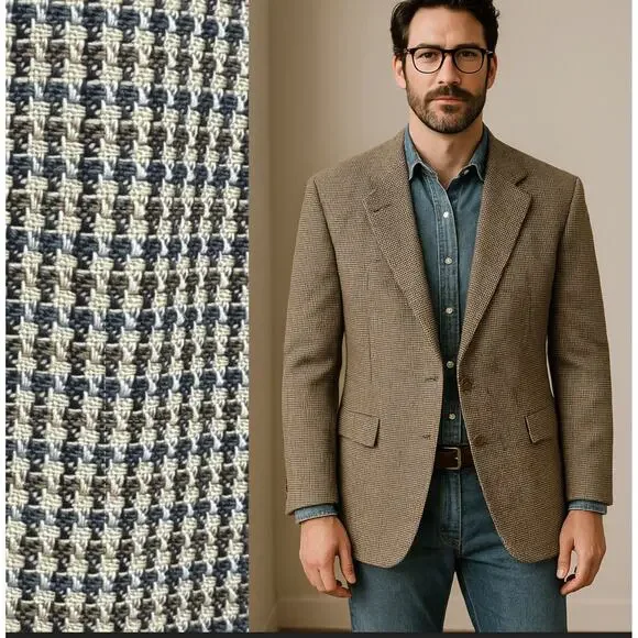 Huckberry Vintage 43R Luxury Wool Houndstooth Blazer $340 2 Button Jacket Brown