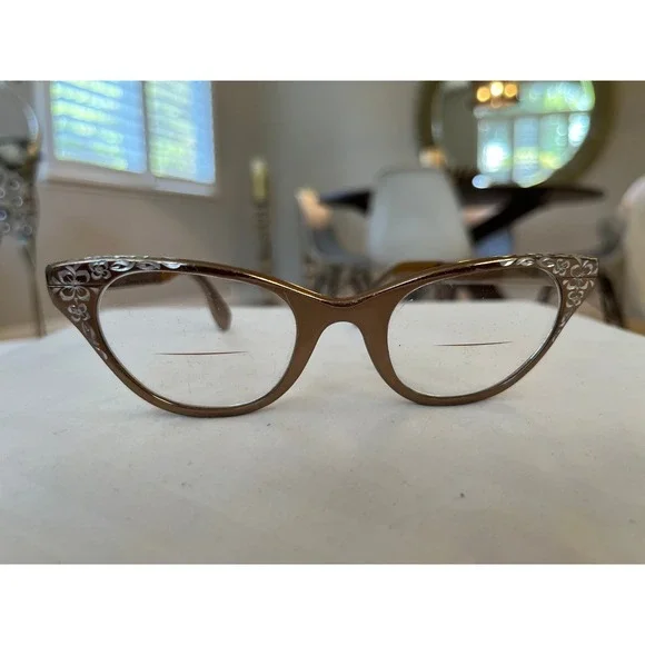 Vintage Tura Inc Bronze Floral Engraved Cat Eye Glasses Frames Mid Century 1950s