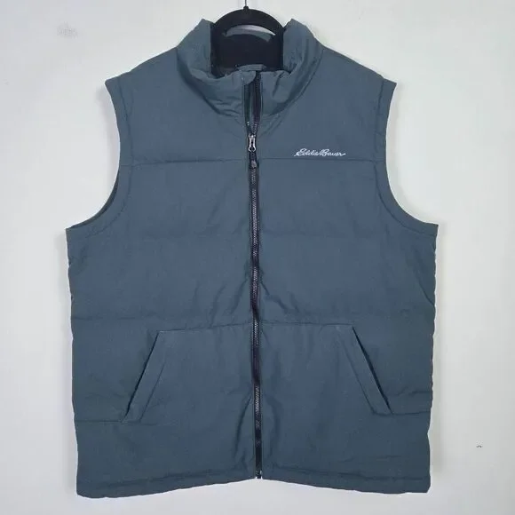 Eddie Bauer Mens Down Puffer Vest Size XL Blue Full Zip Outdoor Hiking Layers