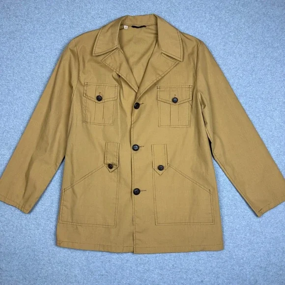Vintage 70s Safari Field Bush Jacket Tan Khaki Utility Chore Coat Size 38