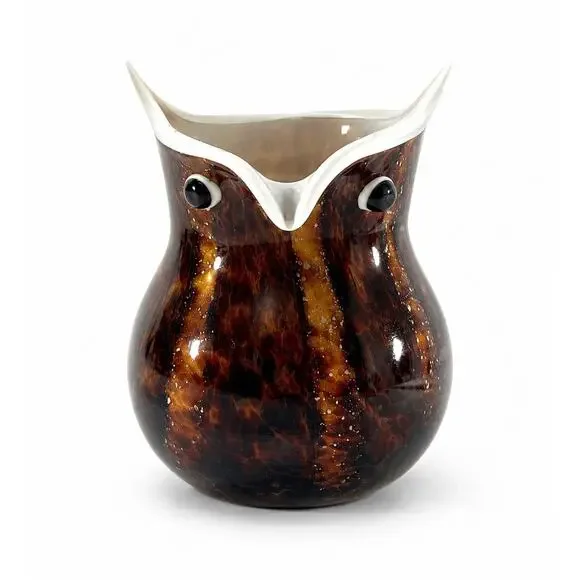 Vintage Art Glass Owl Vase / Planter Brown Tortoise Shell Look 5” Hand Blown