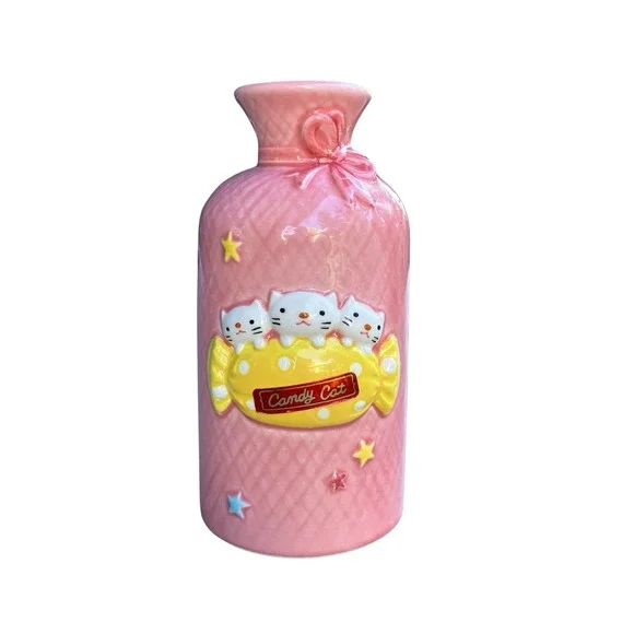 Vintage 1980s Fujika Japan Candy Cat Pink Ceramic Kawaii Bud Vase Foil Label