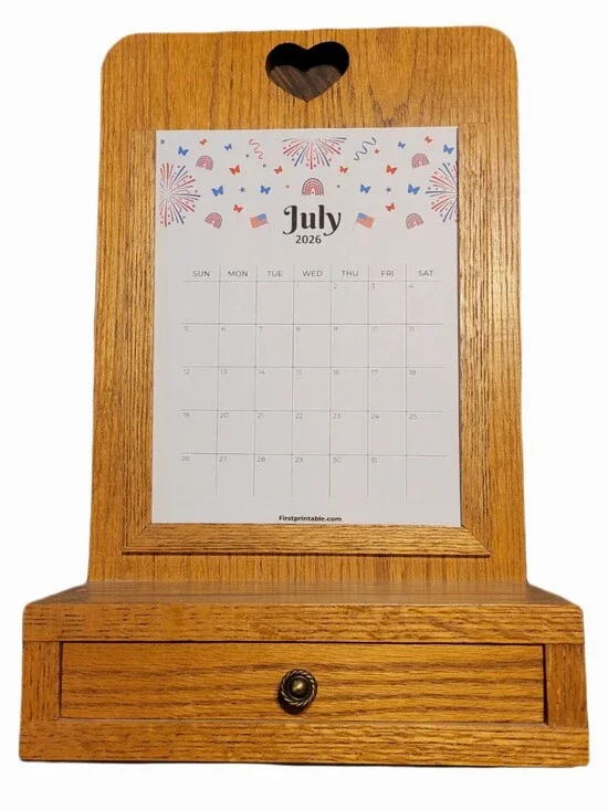 Vintage Oak Desktop Hanging Calendar Holder with Drawer Cottage Core