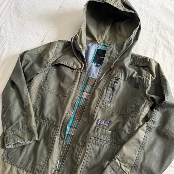 Hurley Waxed Plaid Lined Field Jacket Men’s Med‎ Green Covert Military Tactical