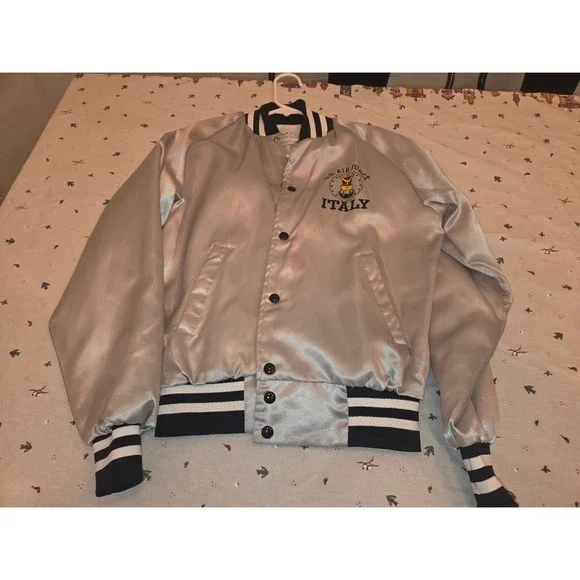 Vintage Artex US Air Force Italy Satin Bomber Jacket Silver Mens Small USA Made