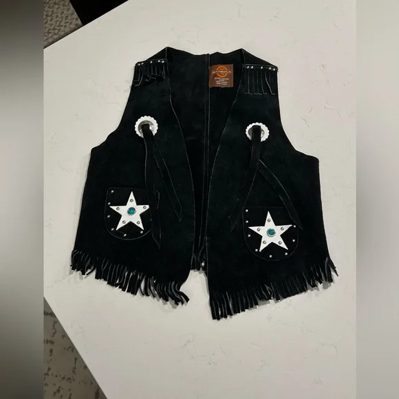 JOHN R. CRAIGHEAD boys leather Black Fringe Vest with Star Pockets size  L