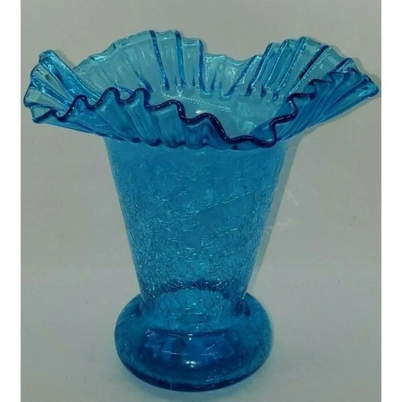 Vintage 1940's Beacon Glass Azure Blue Hand Blown Ruffle Crackle Vase  MCM  1of2