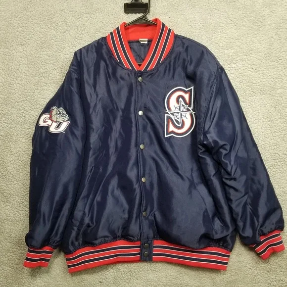 Seattle Mariners Gonzaga Bulldogs Jacket Satin Shiny Bomber Coat Mens Medium