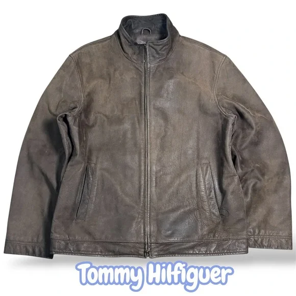Tommy Hilfiger Mens Brown Leather Jacket Full Zip Mock Neck Coat Size Large
