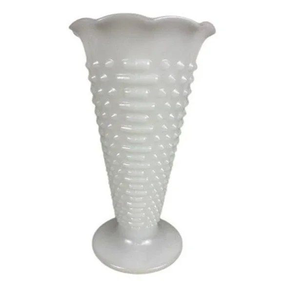 Vintage Anchor Hocking Milk Dot Dash Glass Hobnail Scalloped Trumpet Vase Footed
