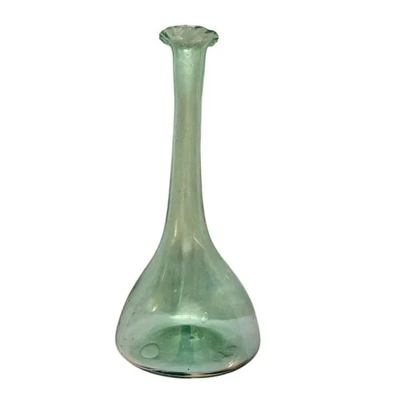 Handblown vintage  long stem fluted glass flower bud vase in light green