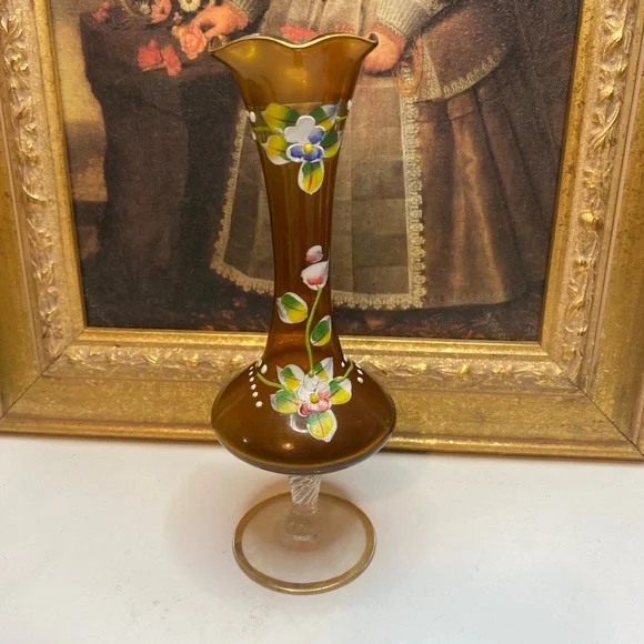 Art Glass Bud Vase Hand Painted Enamel Floral Amber Glass Twisted Stem 8