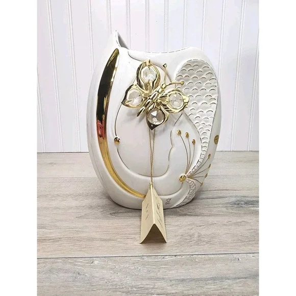 RARE Vintage 80s Italy Porcelain White Gold‎ Vase Butterfly Bruno Costenaro