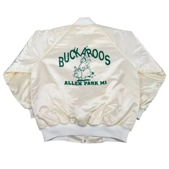Vintage Buckaroos Rodeo Satin Bomber Jacket Allen Park MI USA Cream White Large